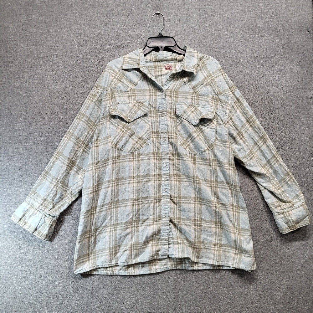 Levi's Men Button Up Shirt Large Blue Check Plaid Western Pearl Snap Long Sleeve